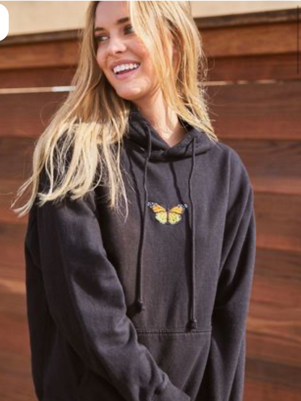 Brandy Melville Black Hoodie with Yellow-Orange Butterfly Embroidery